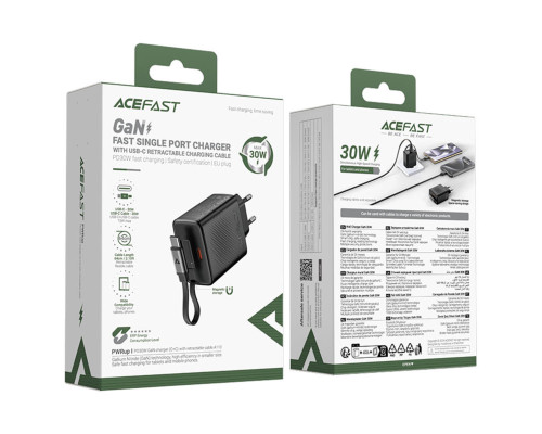 Мережевий зарядний пристрій ACEFAST A110 PD30W GaN charger (USB-C+USB-C) with retractable cable (EU) Black (6974316283942)