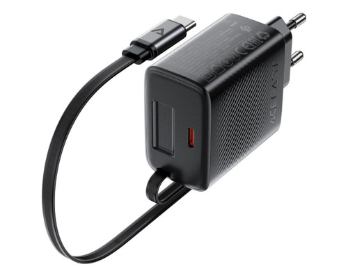 Мережевий зарядний пристрій ACEFAST A110 PD30W GaN charger (USB-C+USB-C) with retractable cable (EU) Black (6974316283942)