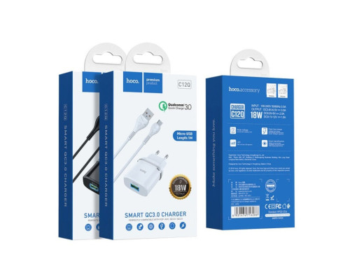 Мережевий зарядний пристрій HOCO C12Q Smart QC3.0 charger set(Micro) 18W White (6931474716286)