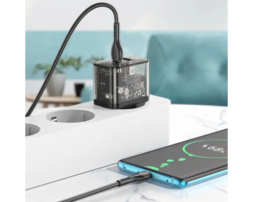 Мережевий зарядний пристрій HOCO N34 Dazzling dual-port PD20W+QC3.0 charger set(C to iP) Transparent Black (6931474799173)