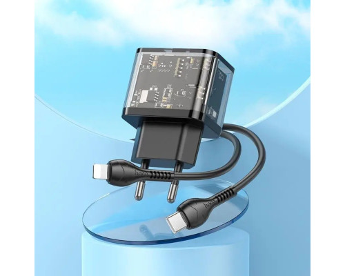 Мережевий зарядний пристрій HOCO N34 Dazzling dual-port PD20W+QC3.0 charger set(C to iP) Transparent Black (6931474799173)