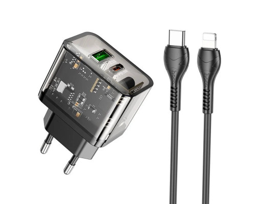 Мережевий зарядний пристрій HOCO N34 Dazzling dual-port PD20W+QC3.0 charger set(C to iP) Transparent Black (6931474799173)