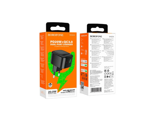 Мережевий зарядний пристрій BOROFONE BAS22A Fortune PD20W+QC3.0 charger(EU) Black (6941991109324)