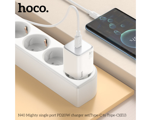 Мережевий зарядний пристрій HOCO N40 Mighty single port PD20W charger set(Type-C to Type-C) White (6942007617017)