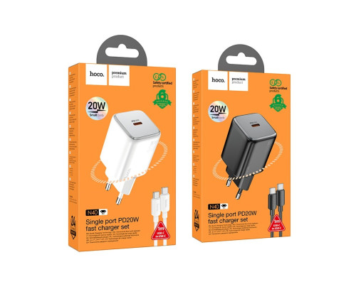 Мережевий зарядний пристрій HOCO N40 Mighty single port PD20W charger set(Type-C to Type-C) White (6942007617017)