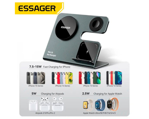 Бездротовий зарядний пристрій Essager Ruicheng desktop magnetic suction three in one wireless charging of 15W black (EWXZM-RC0G-Z)