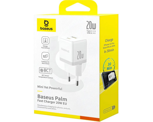 Мережевий зарядний пристрій Baseus Palm Fast Charger C+U 20W EU Moon White (P10111608213-00)