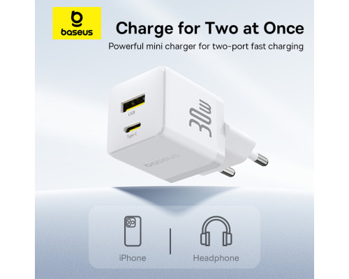 Мережевий зарядник пристрій Baseus Palm Fast Charger C+U 30W EU Moon White (with Baseus Mini White Cable USB-C to USB-C 60W (20V/3A) 1m Moon White) (P1011160A213-01)