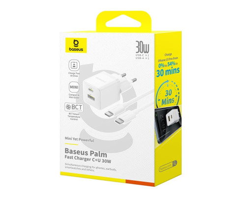 Мережевий зарядник пристрій Baseus Palm Fast Charger C+U 30W EU Moon White (with Baseus Mini White Cable USB-C to USB-C 60W (20V/3A) 1m Moon White) (P1011160A213-01)