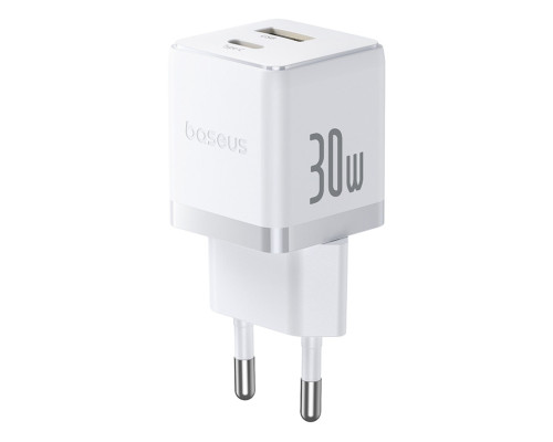 Мережевий зарядник пристрій Baseus Palm Fast Charger C+U 30W EU Moon White (with Baseus Mini White Cable USB-C to USB-C 60W (20V/3A) 1m Moon White) (P1011160A213-01)