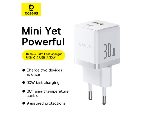 Мережевий зарядник пристрій Baseus Palm Fast Charger C+U 30W EU Moon White (with Baseus Mini White Cable USB-C to USB-C 60W (20V/3A) 1m Moon White) (P1011160A213-01)