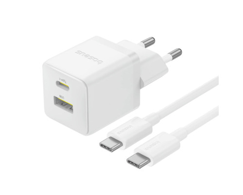 Мережевий зарядник пристрій Baseus Palm Fast Charger C+U 30W EU Moon White (with Baseus Mini White Cable USB-C to USB-C 60W (20V/3A) 1m Moon White) (P1011160A213-01)