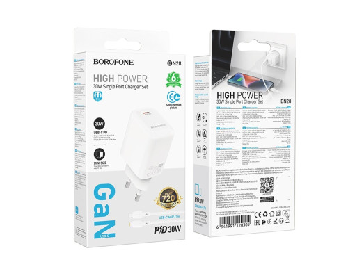 Мережевий зарядний пристрій BOROFONE BN28 Fuente single port PD30W charger set (C to iP) (EU) White (6941991120305)