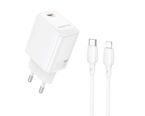 Мережевий зарядний пристрій BOROFONE BN28 Fuente single port PD30W charger set (C to iP) (EU) White (6941991120305)