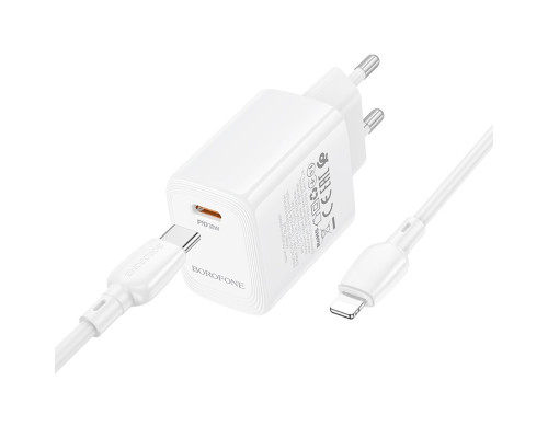 Мережевий зарядний пристрій BOROFONE BN28 Fuente single port PD30W charger set (C to iP) (EU) White (6941991120305)