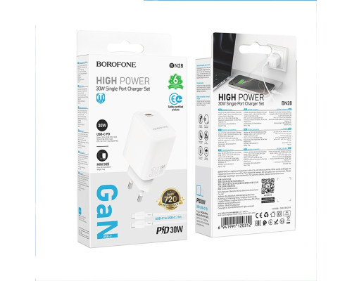 Мережевий зарядний пристрій BOROFONE BN28 Fuente single port PD30W charger set (C to C) (EU) White (6941991120312)