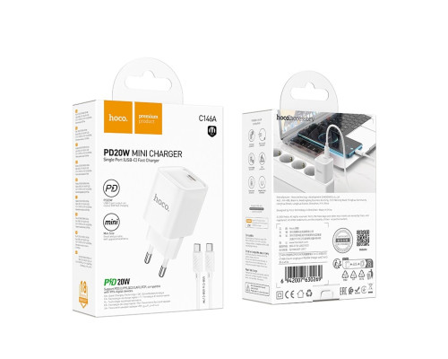 Мережевий зарядний пристрій HOCO C146A Charm single port PD20W charger set (C to C) (EU) White (6942007630269)
