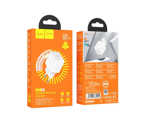 Мережевий зарядний пристрій HOCO N32 Glory PD30W single port charger (EU) White (6931474789914)