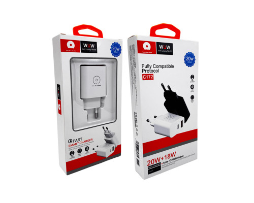 Мережевий зарядний пристрій WUW-C172 20W PD USB-C + USB QC3.0 18W white (c172W)