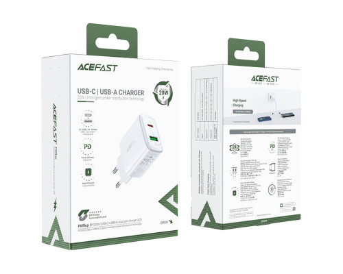 Мережевий зарядний пристрій ACEFAST A25 PD20W (USB-C+USB-A) dual port charger White (AFA25W)