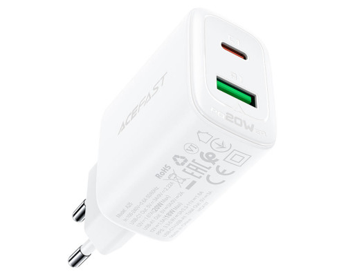 Мережевий зарядний пристрій ACEFAST A25 PD20W (USB-C+USB-A) dual port charger White (AFA25W)