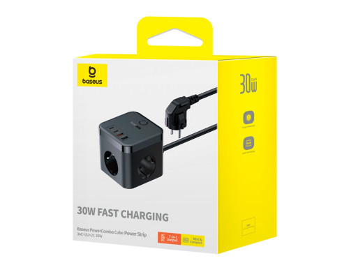 Мережевий зарядний пристрій Baseus PowerCombo Cube Power Strip 3AC+2U+2C 30W 1.5m EU Cluster Black (E00066400117-00)
