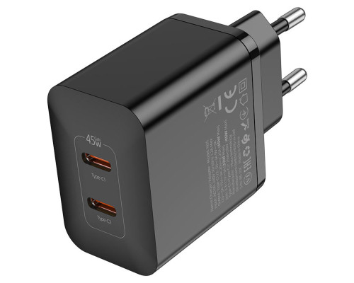 Мережевий зарядний пристрій HOCO N35 Streamer dual-port PD45W GaN (2C) charger(EU) Black (6931474797193)