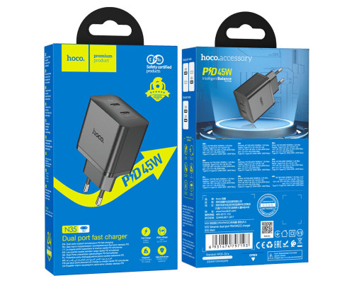 Мережевий зарядний пристрій HOCO N35 Streamer dual-port PD45W GaN (2C) charger(EU) Black (6931474797193)
