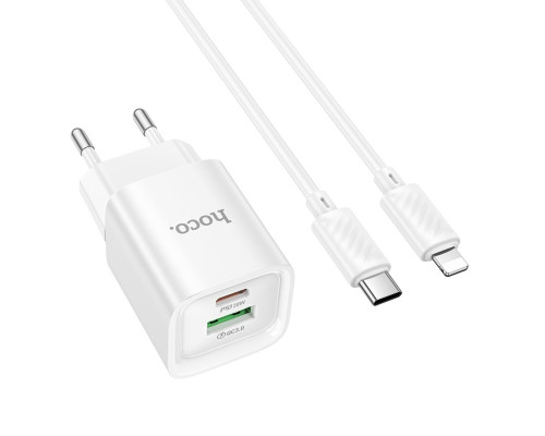 Мережевий зарядний пристрій HOCO C147A Charm PD20W+QC3.0 charger set (C to iP)(EU) White (6942007630283)
