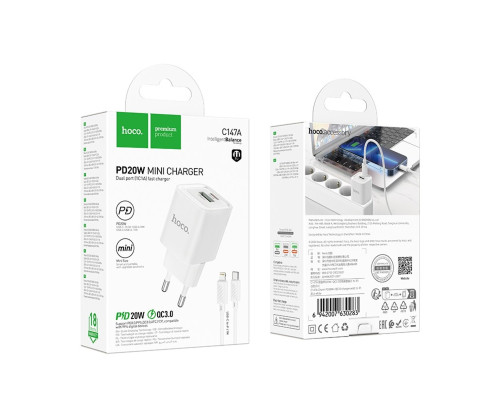 Мережевий зарядний пристрій HOCO C147A Charm PD20W+QC3.0 charger set (C to iP)(EU) White (6942007630283)