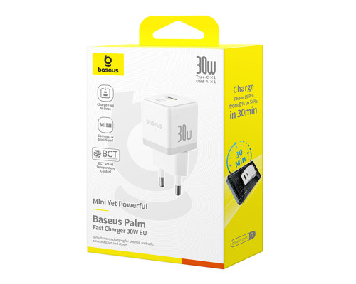 Мережевий зарядний пристрій Baseus Palm Fast Charger C+U 30W EU Moon White (P1011160A213-00)