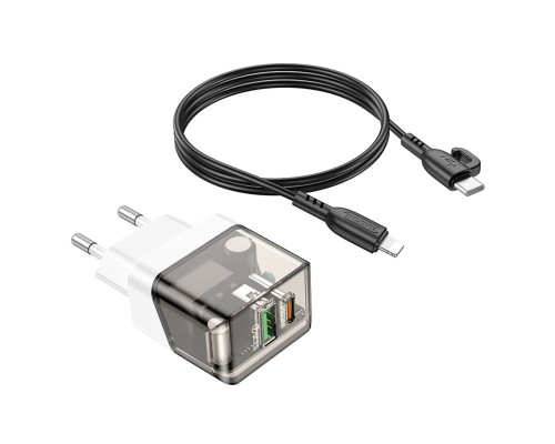 Мережевий зарядний пристрій BOROFONE BA80A Scenery PD20W+QC3.0 charger set (C to iP)(EU) Transparent Black (6941991105166)