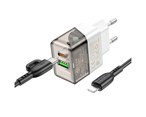 Мережевий зарядний пристрій BOROFONE BA80A Scenery PD20W+QC3.0 charger set (C to iP)(EU) Transparent Black (6941991105166)