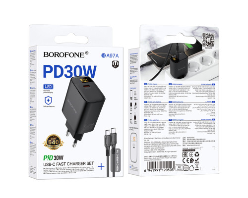 Мережевий зарядний пристрій BOROFONE BA97A Ilustre single-port PD30W charger with digital display set (C to C) (EU) Black (6941991120503)