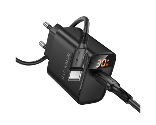Мережевий зарядний пристрій BOROFONE BA97A Ilustre single-port PD30W charger with digital display set (C to C) (EU) Black (6941991120503)