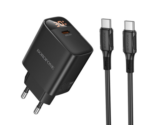 Мережевий зарядний пристрій BOROFONE BA97A Ilustre single-port PD30W charger with digital display set (C to C) (EU) Black (6941991120503)