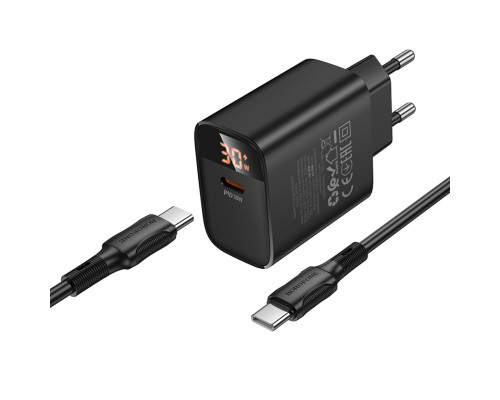 Мережевий зарядний пристрій BOROFONE BA97A Ilustre single-port PD30W charger with digital display set (C to C) (EU) Black (6941991120503)