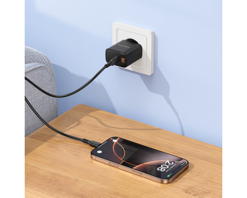 Мережевий зарядний пристрій BOROFONE BA97A Ilustre single-port PD30W charger with digital display set (C to C) (EU) Black (6941991120503)
