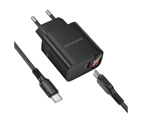 Мережевий зарядний пристрій BOROFONE BA97A Ilustre single-port PD30W charger with digital display set (C to C) (EU) Black (6941991120503)