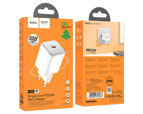 Мережевий зарядний пристрій HOCO N40 Mighty single port PD20W charger White (6942007616973)