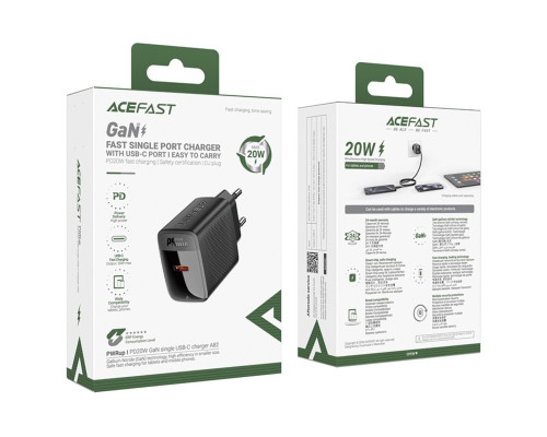 Мережевий зарядний пристрій ACEFAST A82 PD20W GaN single USB-C charger Black (6974316283232)