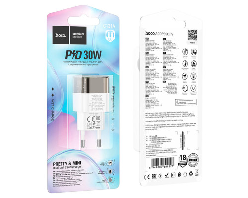 Мережевий зарядний пристрій HOCO C131A Platinum dual-port PD30W+QC3.0 charger(EU) Transparent black (6942007609821)