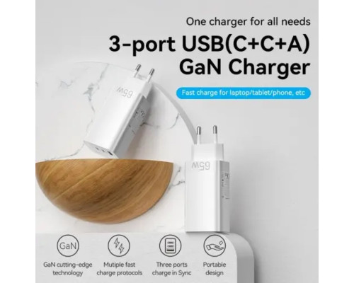 Зарядний пристрій Vention 3-port USB(C+C+A) GaN Charger(65W/30W/30W) EU-Plug White (FEDW0-EU)