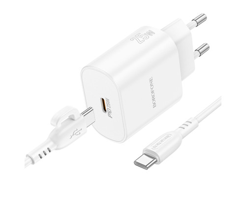 Мережевий зарядний пристрій BOROFONE BA82A Platinum single port PD25W charger set(C to C)(EU) White (6941991112270)