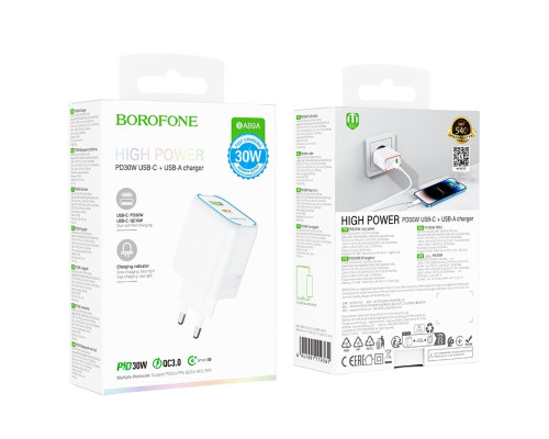 Мережевий зарядний пристрій BOROFONE BA89A Destello PD30W+QC3.0 charger (EU) White (6941991119361)