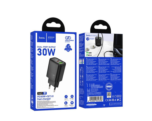 Мережевий зарядний пристрій HOCO N63 Gentle PD30W+QC3.0 charger (EU) Black (6942007644358)