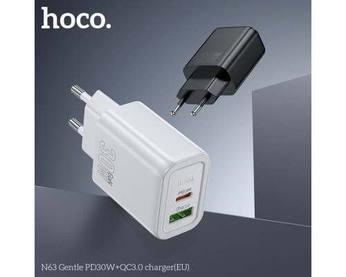Мережевий зарядний пристрій HOCO N63 Gentle PD30W+QC3.0 charger (EU) Black (6942007644358)