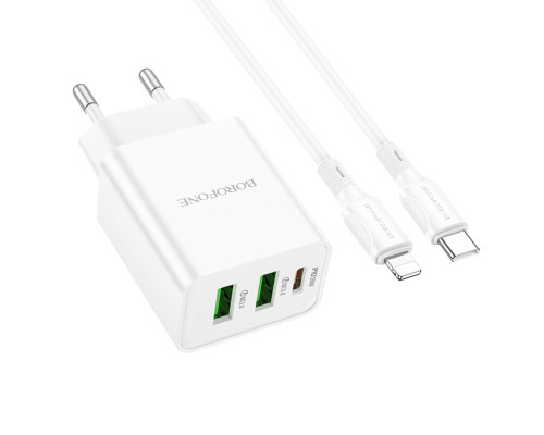Мережевий зарядний пристрій BOROFONE BA70A Quick three-port PD20W(1C2A) charger set(C to iP) White (6941991101410)