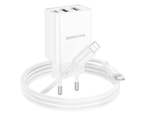 Мережевий зарядний пристрій BOROFONE BA70A Quick three-port PD20W(1C2A) charger set(C to iP) White (6941991101410)