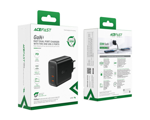 Мережевий зарядний пристрій ACEFAST A29 PD50W GaN (USB-C+USB-C) dual port charger Black (AFA29B)